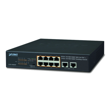 GSD-1008HP - Switch Plug & Play Gigabit Ethernet 10 ports 10/100/1000Base-TX dont 8 PoE+, fonction PoE étendu jusqu'à 250 mètres