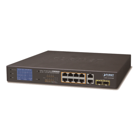 GSD-1222VHP - Switch Plug & Play Gigabit Ethernet 8 ports PoE+, 2 ports 1000Base-TX, 2 emplacements SFP, affichage LCD