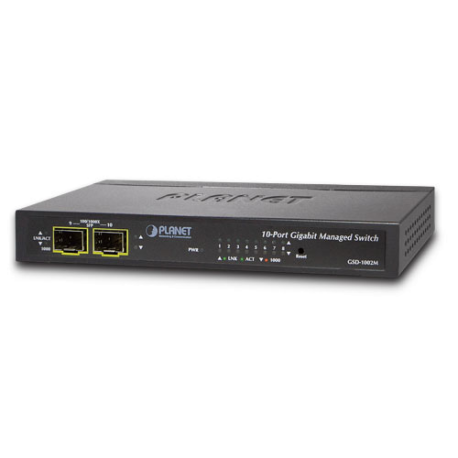 GSD-1002M - Switch manageable L2, 8 ports Gigabit Ethernet, 2 emplacements SFP, alimenté en PoE ou par adaptateur 12 VDC