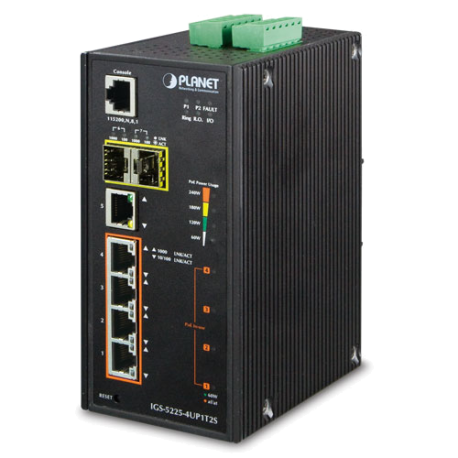 IGS-5225-4UP1T2S - Switch Industriel IP30 manageable L2+, 5 ports Gigabit Ethernet dont 4 Ultra PoE 60W, 2 emplacements SFP