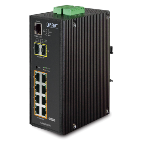 IGS-10020HPT - Switch Industriel IP30 manageable niveau 2+, 8 ports PoE+ Gigabit Ethernet, 2 emplacements SFP, 12/24/48 VDC