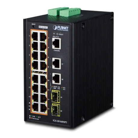 IGS-20160HPT - Switch industriel IP30 manageable L2+, 16 ports PoE+ Gigabit Ethernet, 2 emplacements SFP, 2 ports 1000TX