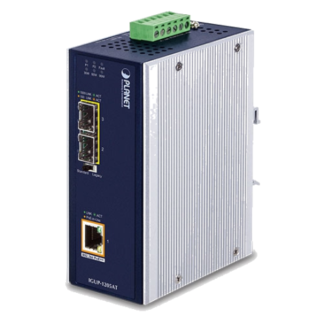 IGUP-1205AT - Convertisseur de média industriel IP30 Gigabit Ethernet, 1 port UPoE 802.3bt vers 2 emplacements SFP
