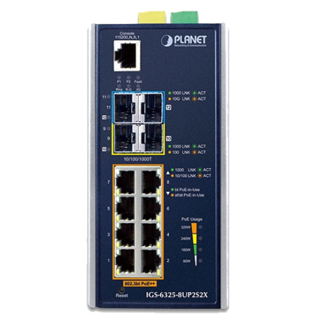 IGS-6325-8UP2S2X - Switch industriel IP30 niveau 3, 8 ports Gigabit Ethernet PoE++, 2 emplacements SFP, 2 emplacements SFP+ 10G