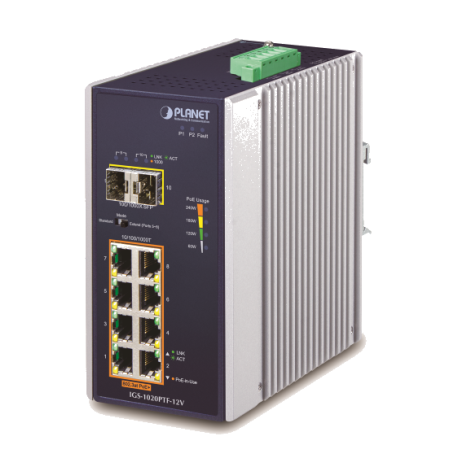 IGS-1020PTF-12V - Switch industriel IP30 Plug & Play 8 ports Gigabit Ethernet PoE+, 2 emplacements SFP, avec booster 12 VDC
